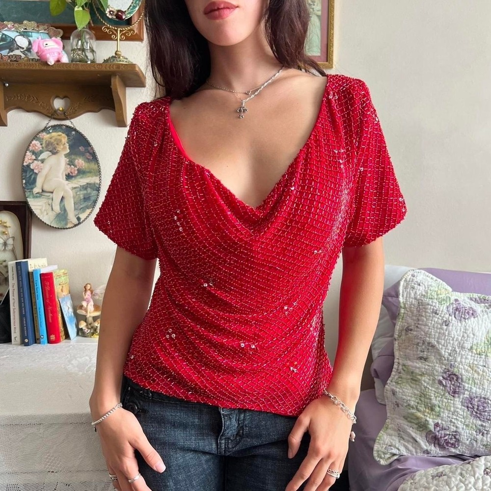 90s Scala Beaded Cowl Neck Top Red Silk Vintage Blouse Size 12